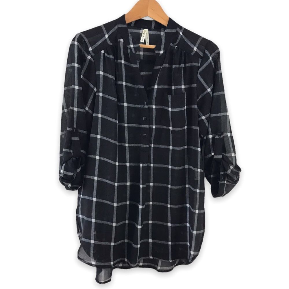 Live 4 Truth black & white plaid long sleeve sheer blouse